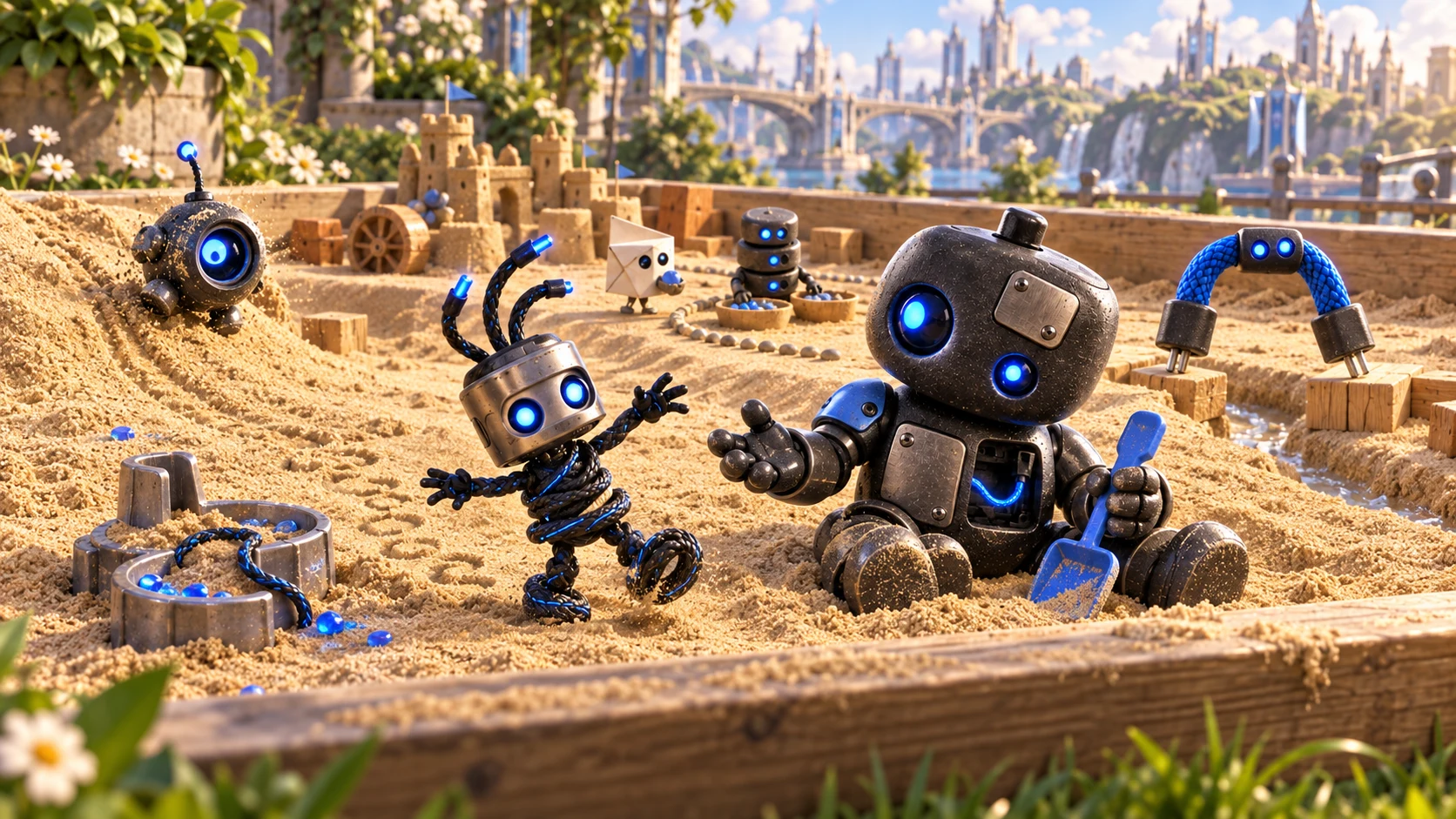 Young Loosewire takes a first step in a sandbox while Patcher encourages him.