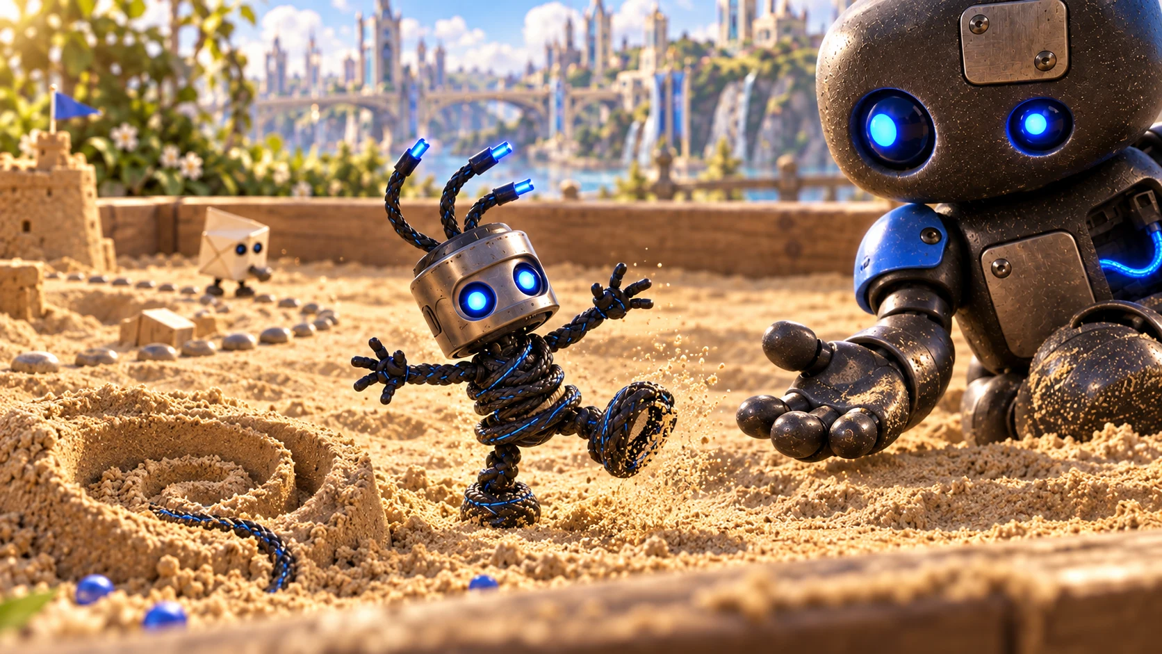 A young cable-coil Loosewire finds his balance beside a sand mold, with Patcher close enough to help.